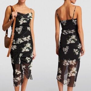 All Saints Ulla Alessa Ruched Floral Dress Magnolia Flower Print Sheer Overlay 2